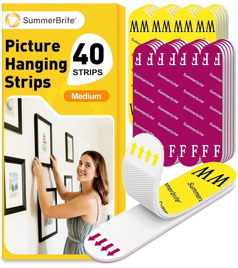 Summerbrite Picture Hanging Strips Heavy Duty, Damage Free Picture Hangers for Walls without Nails/Tools, Wall Sticky Hook and Loop Adhesive Strips Kit for Poster, Home, Office, 40 Strips/20Pairs-Medium - Image 1